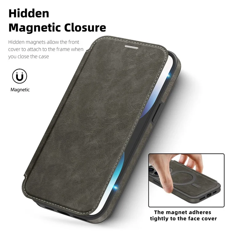 For iPhone 14 Pro Case Compatible with MagSafe RFID Blocking Card Holder Leather Phone Cover - Titanium Grey