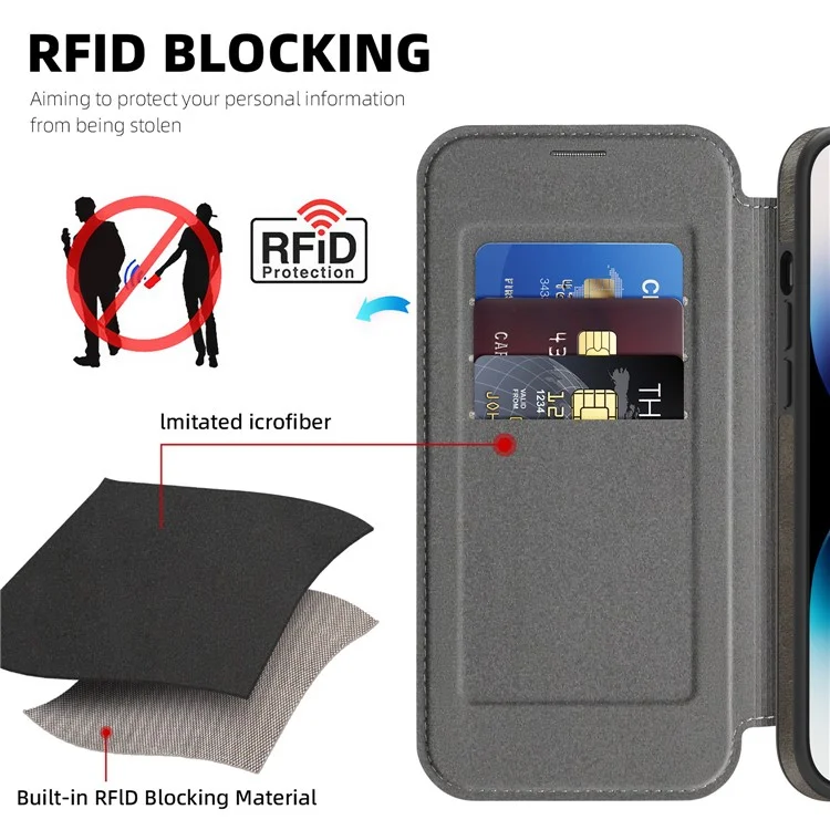 For iPhone 14 Pro Case Compatible with MagSafe RFID Blocking Card Holder Leather Phone Cover - Titanium Grey