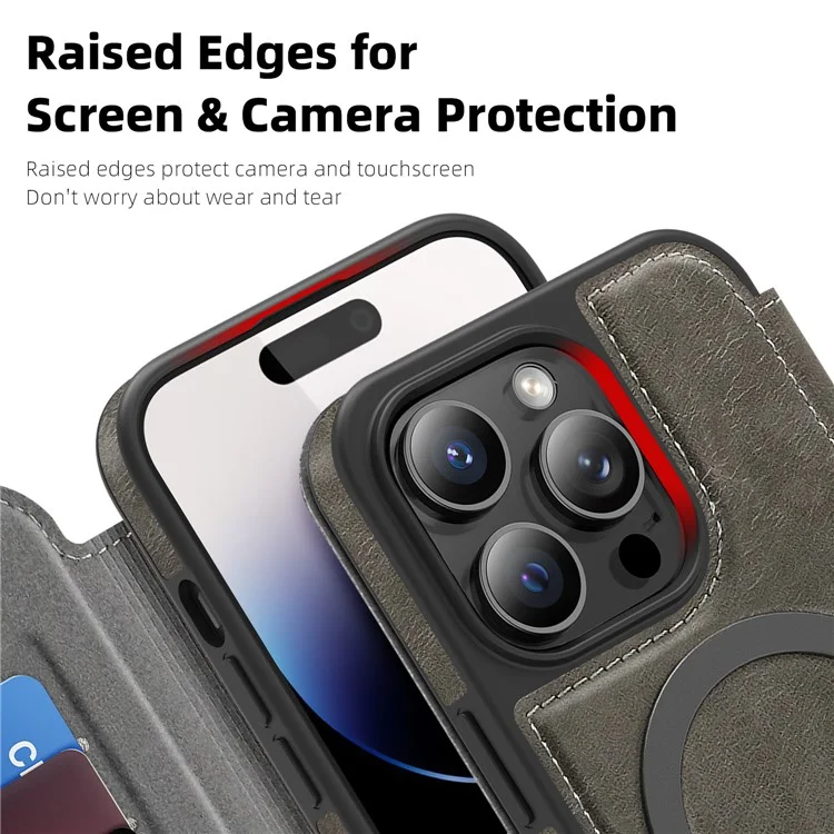 For iPhone 14 Pro Case Compatible with MagSafe RFID Blocking Card Holder Leather Phone Cover - Titanium Grey