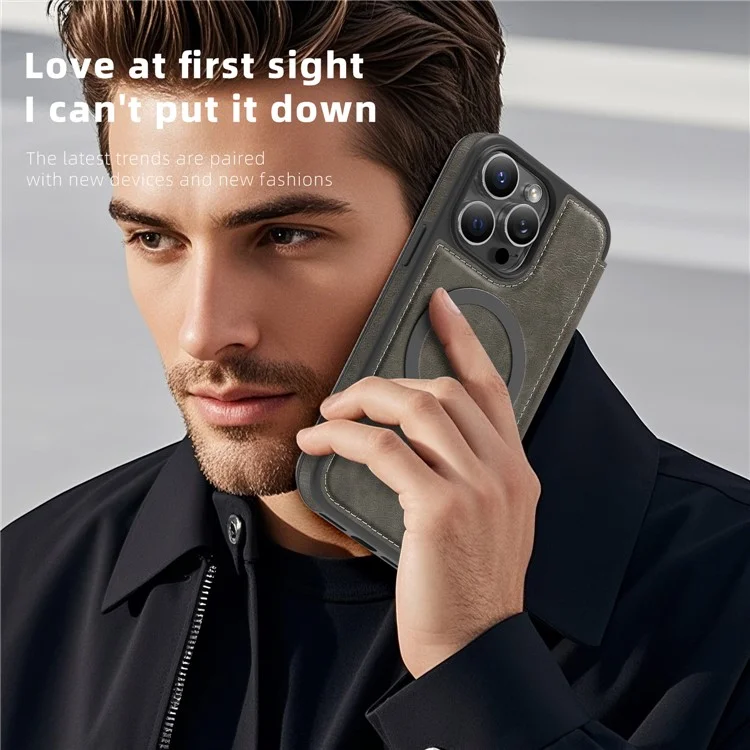 For iPhone 14 Pro Case Compatible with MagSafe RFID Blocking Card Holder Leather Phone Cover - Titanium Grey