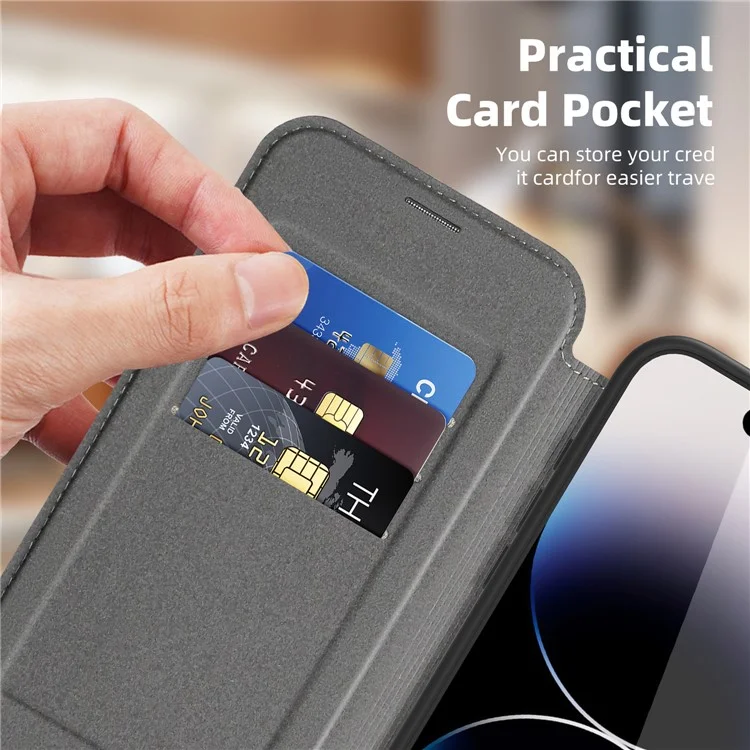For iPhone 14 Pro Case Compatible with MagSafe RFID Blocking Card Holder Leather Phone Cover - Titanium Grey