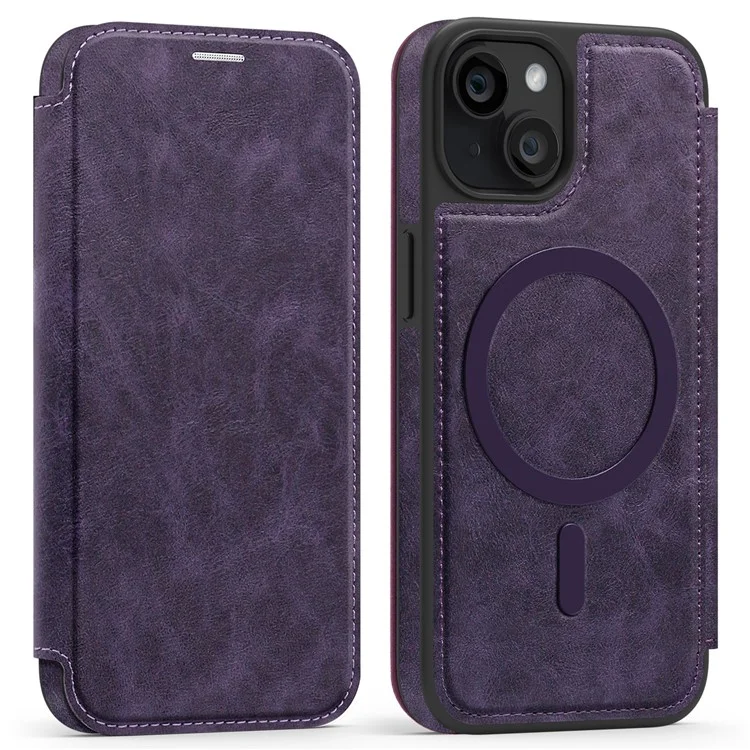 For iPhone 14 Case Compatible with MagSafe RFID Blocking Card Holder Leather Phone Cover - Dark Purple