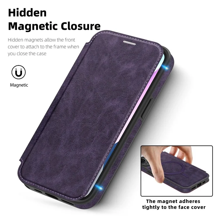 For iPhone 14 Case Compatible with MagSafe RFID Blocking Card Holder Leather Phone Cover - Dark Purple