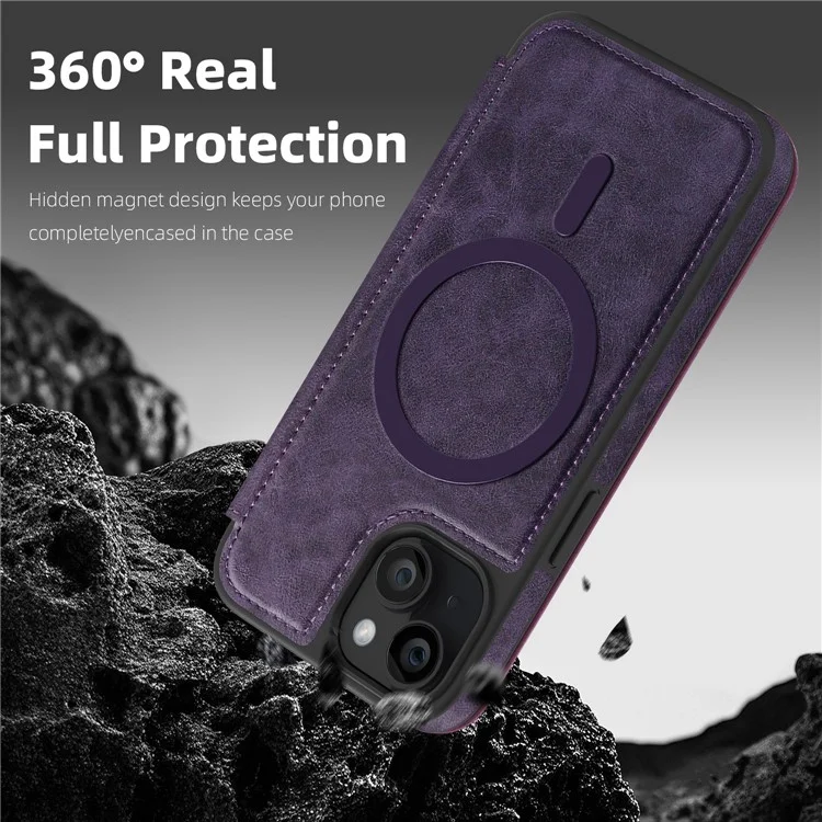 For iPhone 14 Case Compatible with MagSafe RFID Blocking Card Holder Leather Phone Cover - Dark Purple