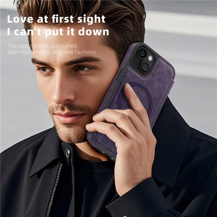 For iPhone 14 Case Compatible with MagSafe RFID Blocking Card Holder Leather Phone Cover - Dark Purple