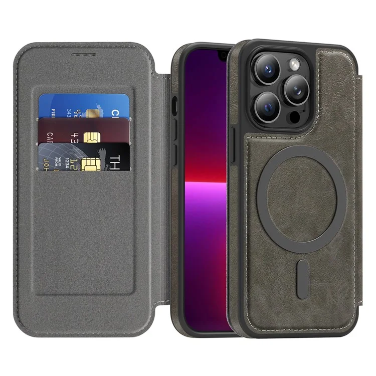 Funda para iPhone 13 Pro Compatible con MagSafe, Bloqueo RFID, Tarjetero, Cuero - Gris Titanio