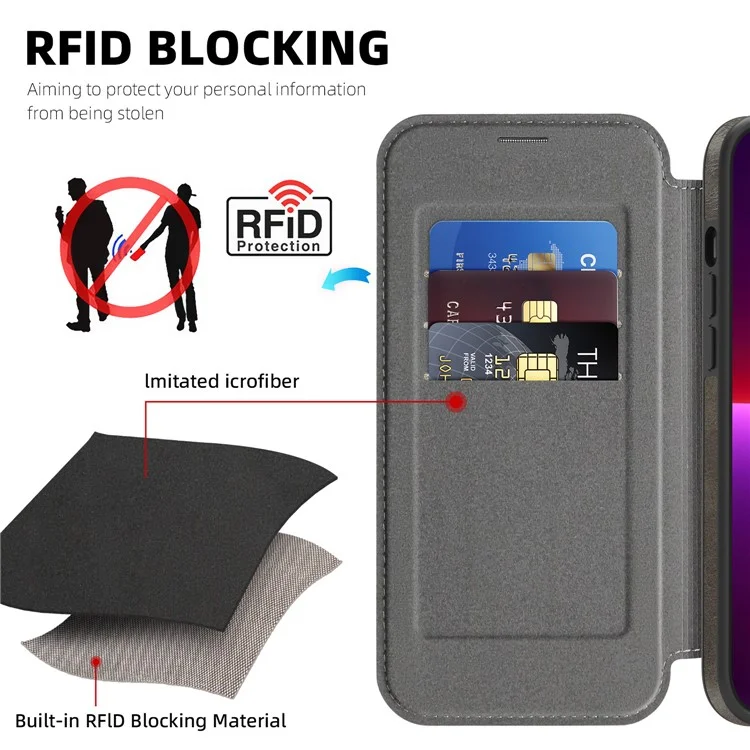Funda para iPhone 13 Pro Compatible con MagSafe, Bloqueo RFID, Tarjetero, Cuero - Gris Titanio