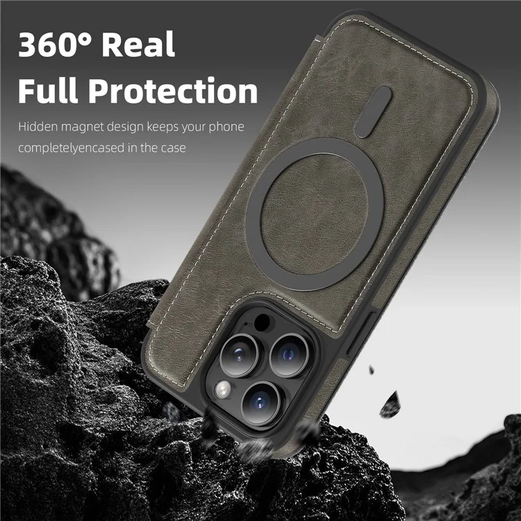 Funda para iPhone 13 Pro Compatible con MagSafe, Bloqueo RFID, Tarjetero, Cuero - Gris Titanio