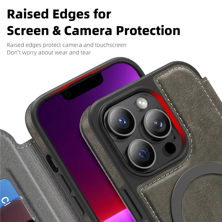 Funda para iPhone 13 Pro Compatible con MagSafe, Bloqueo RFID, Tarjetero, Cuero - Gris Titanio