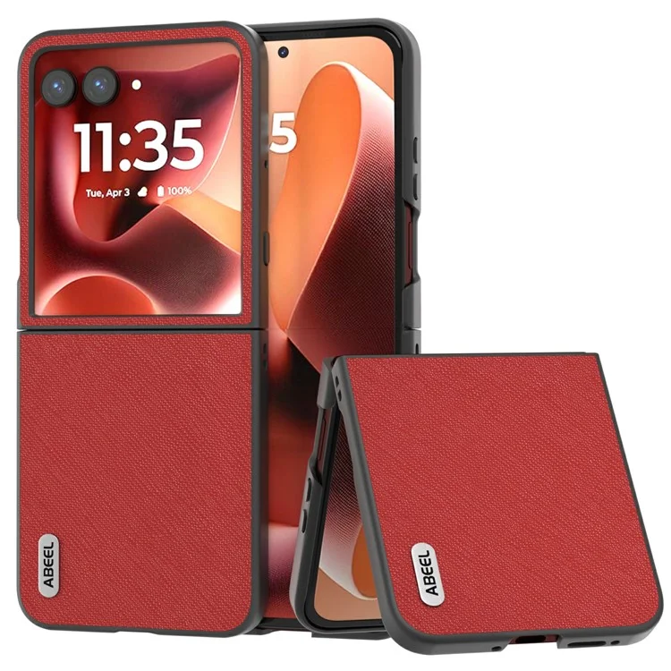 ABEEL Para Motorola Razr 60 Ultra 5G Capa Textura Cruzada Couro Genuíno de Vaca + Capa Traseira de Telefone PC - Vermelho