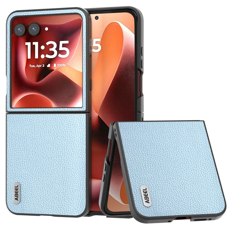 ABEEL pour Motorola Razr 60 Ultra 5G Étui en Cuir de Vache Véritable Texture de Litchi + Coque de Téléphone PC - Bleu Bébé