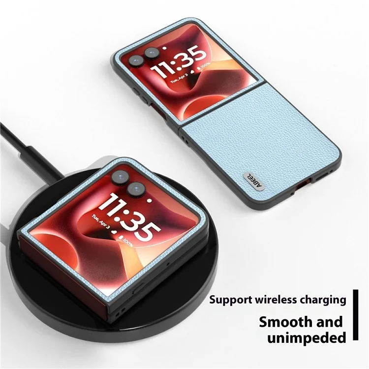 ABEEL pour Motorola Razr 60 Ultra 5G Étui en Cuir de Vache Véritable Texture de Litchi + Coque de Téléphone PC - Bleu Bébé