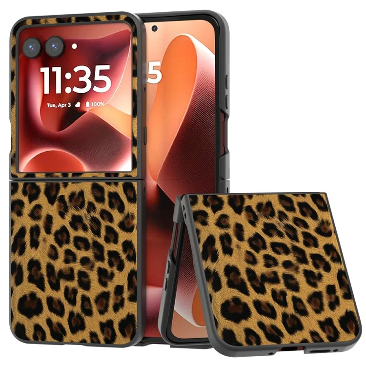 Funda para Motorola Razr 60 Ultra 5G en Negro con Borde de Cuero+PC Estampado de Leopardo - Dorado