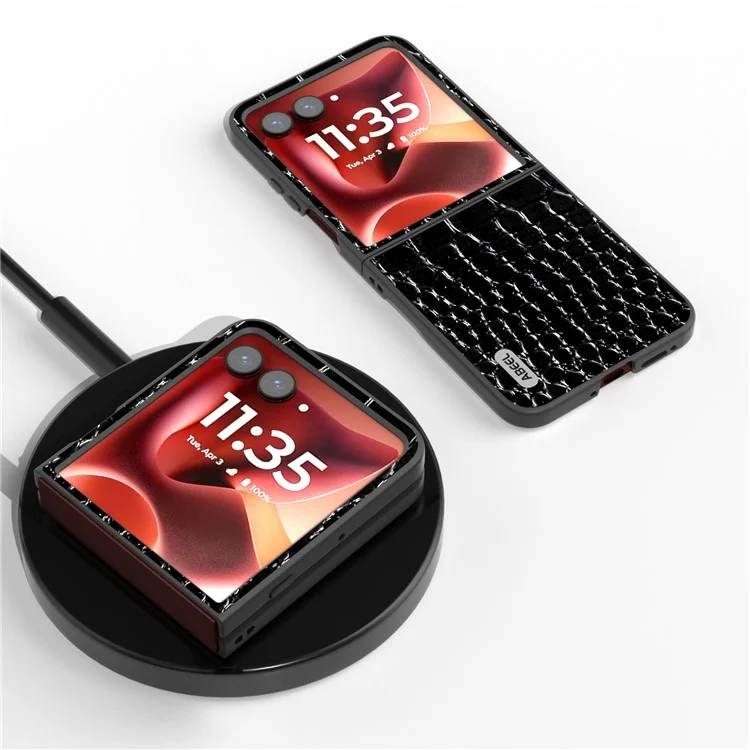 Funda ABEEL para Motorola Razr 60 Ultra de Cuero Auténtico de Vaca con Textura de Cocodrilo - Negro