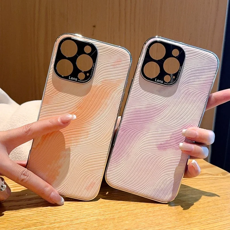 For iPhone 16 Pro Max Case Electroplated Watercolor PC + PU Leather Phone Back Cover - Light Pink