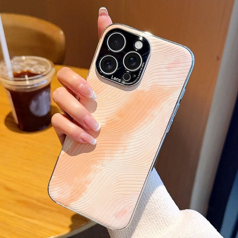 For iPhone 15 Pro Max Case Electroplated Watercolor PC + PU Leather Phone Back Cover - Light Pink