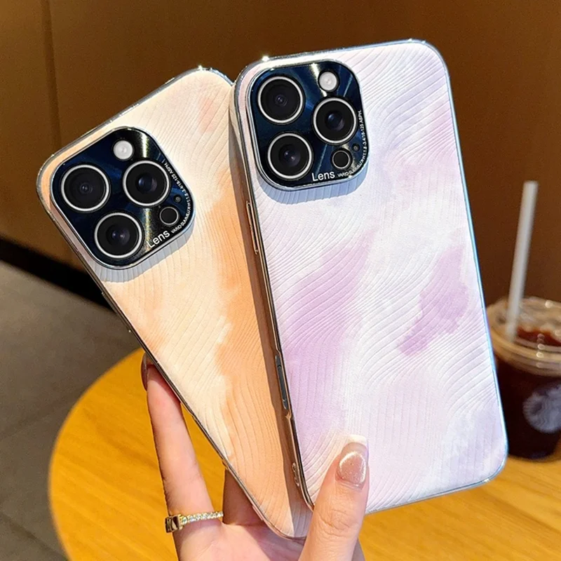 For iPhone 15 Pro Max Case Electroplated Watercolor PC + PU Leather Phone Back Cover - Light Pink