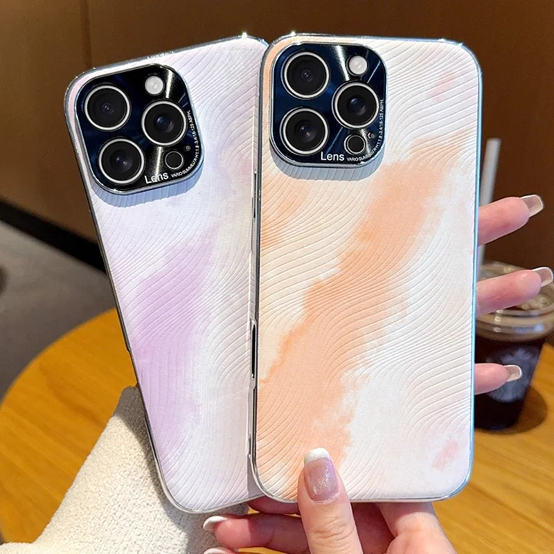 For iPhone 15 Pro Max Case Electroplated Watercolor PC + PU Leather Phone Back Cover - Light Pink