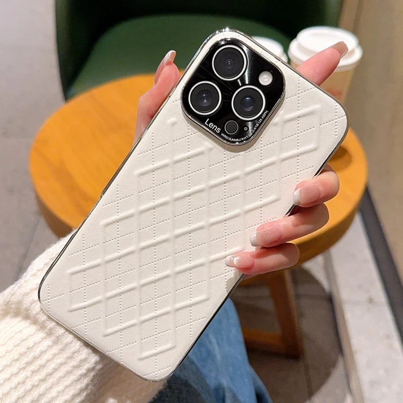 For iPhone 16 Pro Max Case Electroplated Silver Edge Rhombus Pattern PC + PU Leather Phone Back Cover - White
