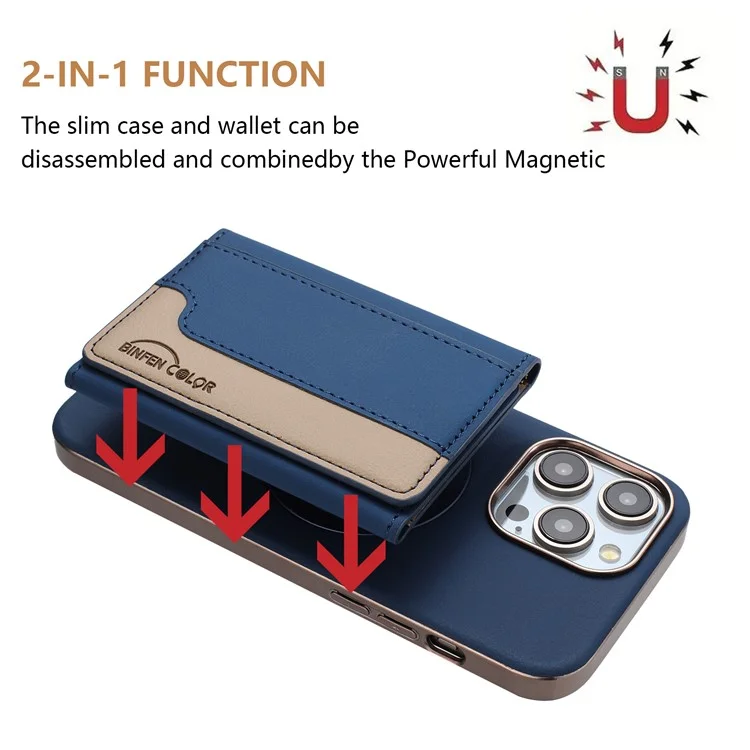 BINFEN COLOR BF37 Capa de Couro com Porta-Cartões Magnético para iPhone 16 Pro Max - Cor Mesclada em Azul Escuro