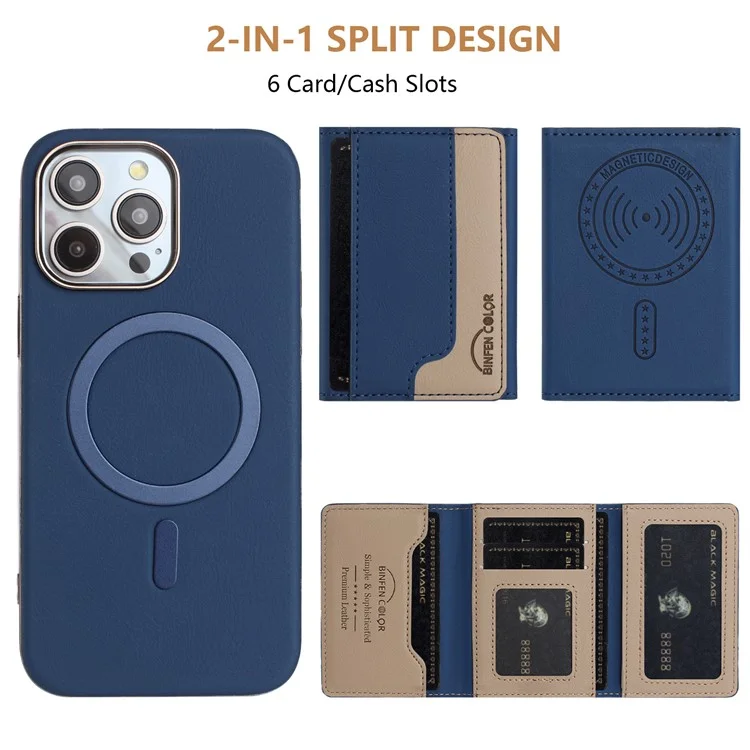 BINFEN COLOR BF37 Capa de Couro com Porta-Cartões Magnético para iPhone 16 Pro Max - Cor Mesclada em Azul Escuro