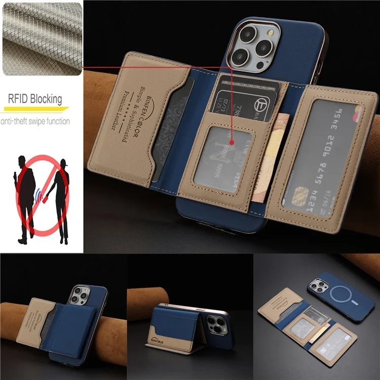 BINFEN COLOR BF37 Capa de Couro com Porta-Cartões Magnético para iPhone 16 Pro Max - Cor Mesclada em Azul Escuro