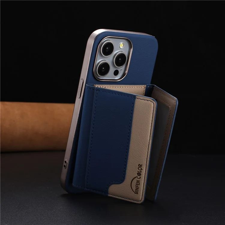 BINFEN COLOR BF37 Capa de Couro com Porta-Cartões Magnético para iPhone 16 Pro Max - Cor Mesclada em Azul Escuro