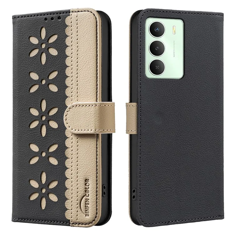 For Realme 14x 5G Leather Case BINFEN COLOR BF36 Floral Pattern Phone Cover RFID Blocking Wallet Stand - Black