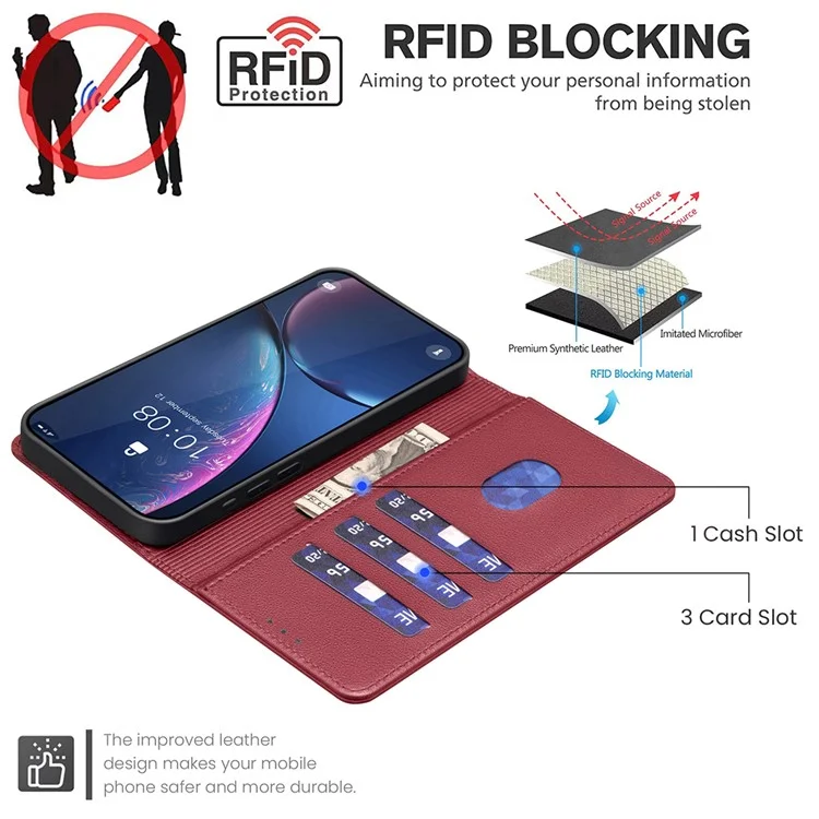 BINFEN COLOR BF32 Кожаный чехол-кошелек с блокировкой RFID для Realme 14x 5G - Красный