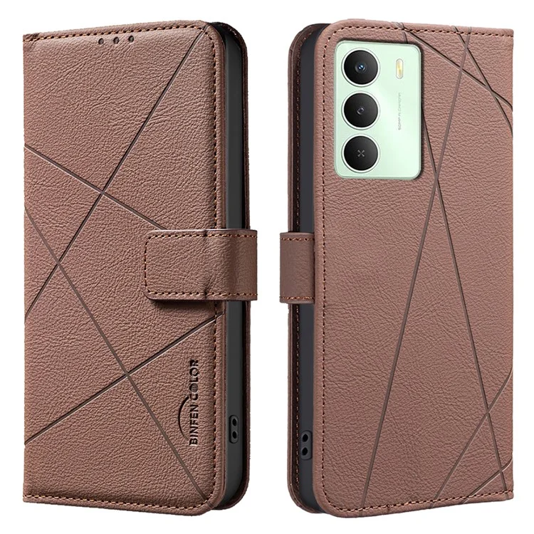 Pour Realme 14x 5G Étui BINFEN COLOR BF35 Géométrie Imprimé Étui de téléphone en cuir Portefeuille anti-RFID avec support - Marron