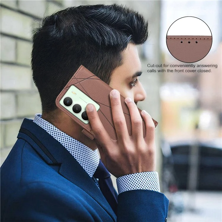 Pour Realme 14x 5G Étui BINFEN COLOR BF35 Géométrie Imprimé Étui de téléphone en cuir Portefeuille anti-RFID avec support - Marron