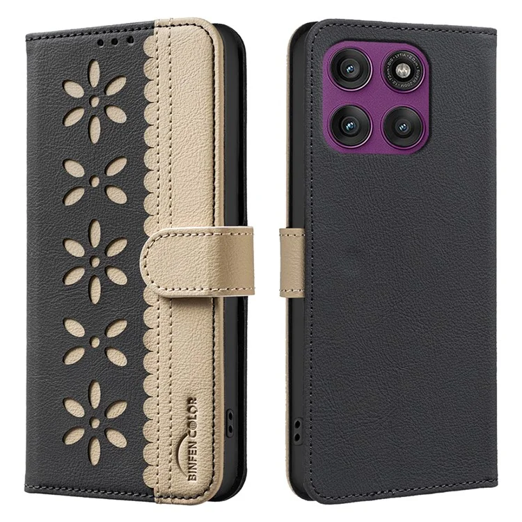 Pour Motorola Edge 60 Pro 5G Étui en cuir BINFEN COLOR BF36 Housse de téléphone à motif floral Blocage RFID Porte-cartes - Noir