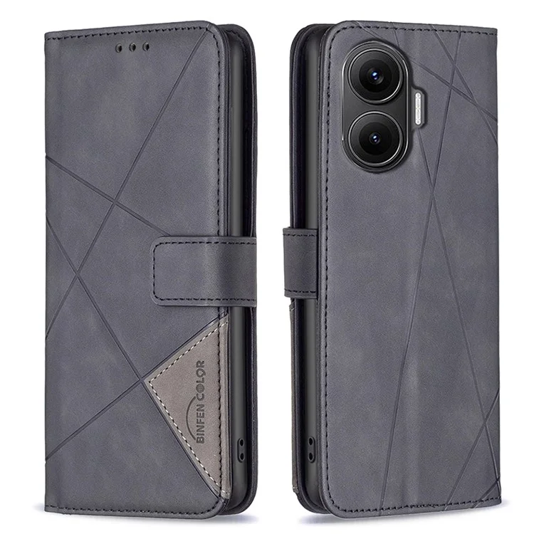BINFEN COLOR For Xiaomi Poco F7 5G / Redmi Turbo 4 Pro 5G Phone Case Wallet Stand Geometry Imprinted Leather Cover - Black