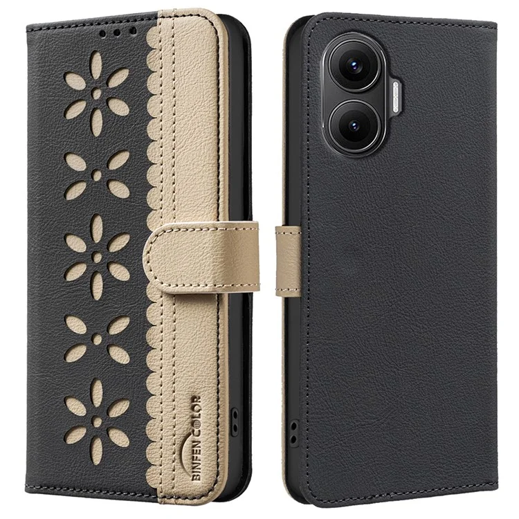 Para Xiaomi Poco F7 5G / Redmi Turbo 4 Pro 5G Funda de Cuero BINFEN COLOR BF36 Patrón Floral Protección Tarjetas Cartera con Soporte - Negro