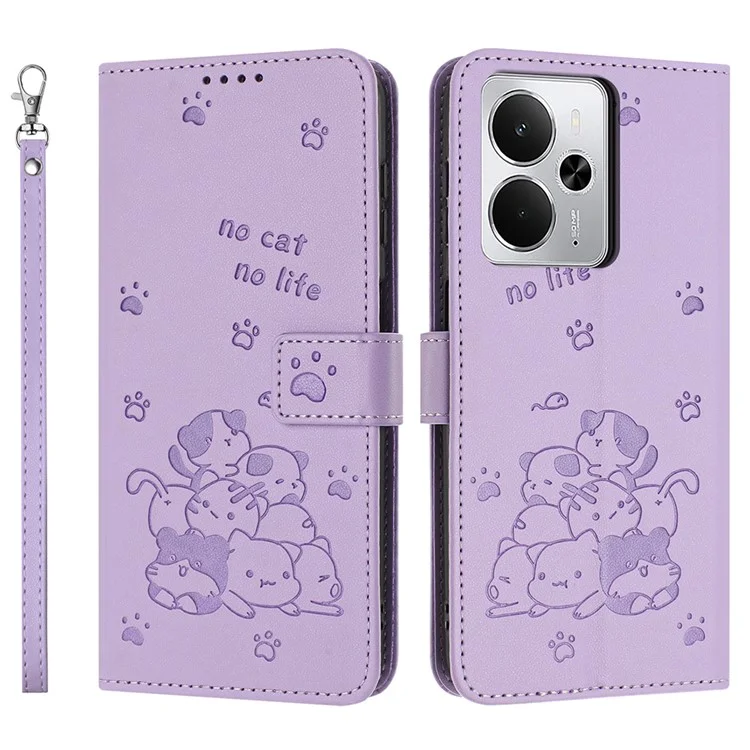 Wallet Case for Realme 14 5G / 14T 5G / P3 5G Cats Imprint Leather Phone Cover with Strap - Purple