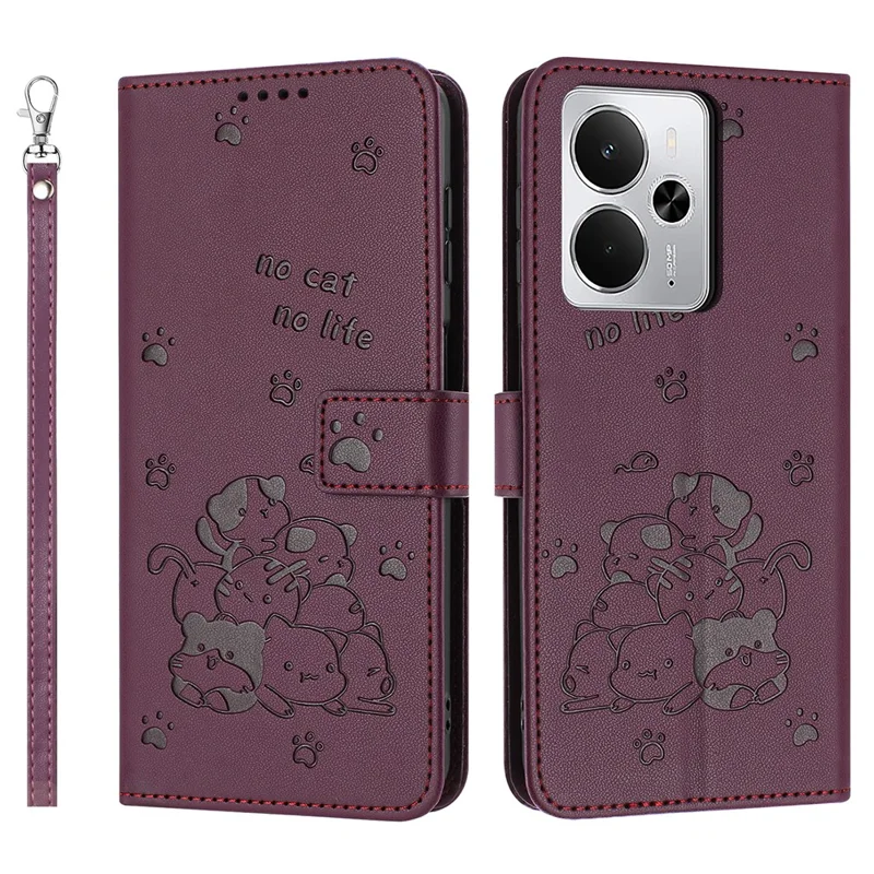 Wallet Case for Realme 14 5G / 14T 5G / P3 5G Cats Imprint Leather Phone Cover with Strap - Wine Red