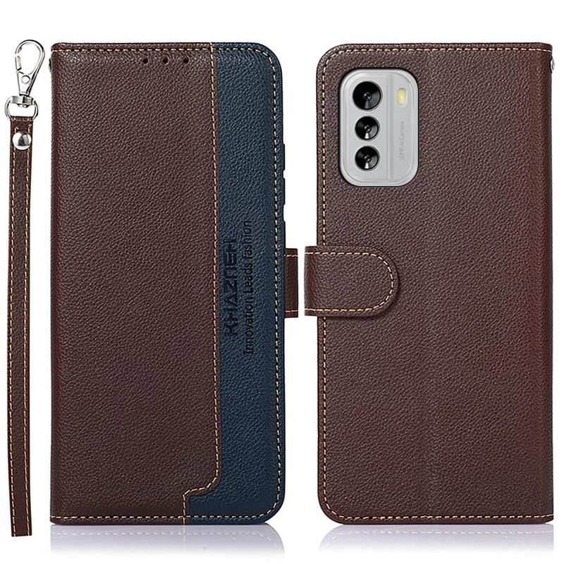 KHAZNEH Für Nokia G60 5G RFID-Blockier-Litschitextur-Handyhülle, Rundum-Schutz, PU-Leder, Standfunktion, Brieftasche - Braun