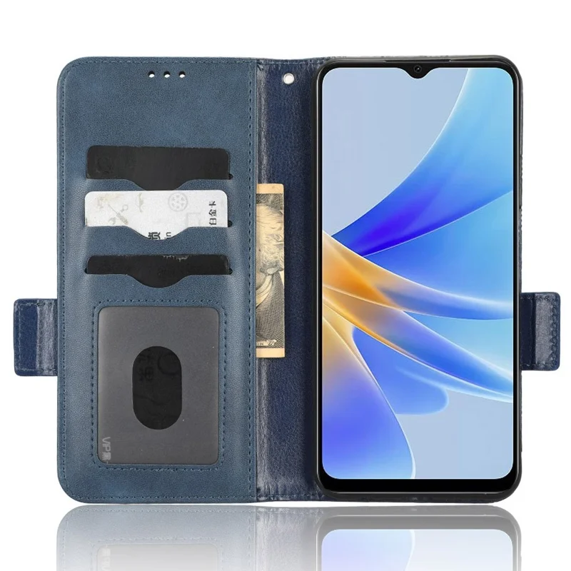 Futerał ze sztucznej skóry PU z trójkątnym wzorem do Oppo A17 4G, etui na telefon z funkcją podpórki, ochronna koperta portfelowa z paskiem na rękę - niebieski
