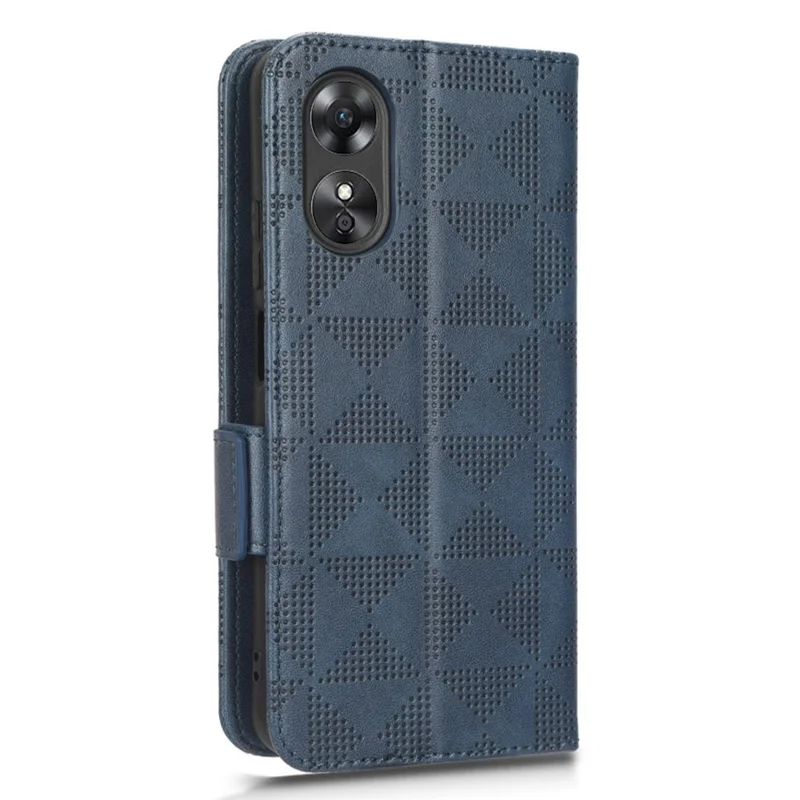 Futerał ze sztucznej skóry PU z trójkątnym wzorem do Oppo A17 4G, etui na telefon z funkcją podpórki, ochronna koperta portfelowa z paskiem na rękę - niebieski