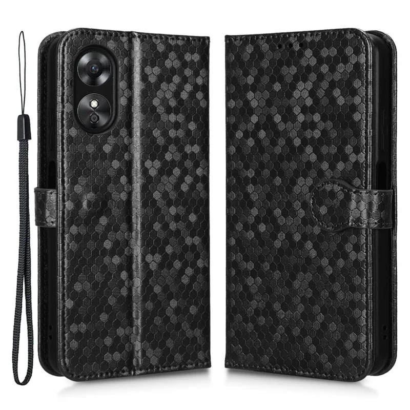 For Oppo A17 4G Dot Pattern Imprinted Wallet Case PU Leather Stand Anti-scratch Phone Cover with Strap - Black