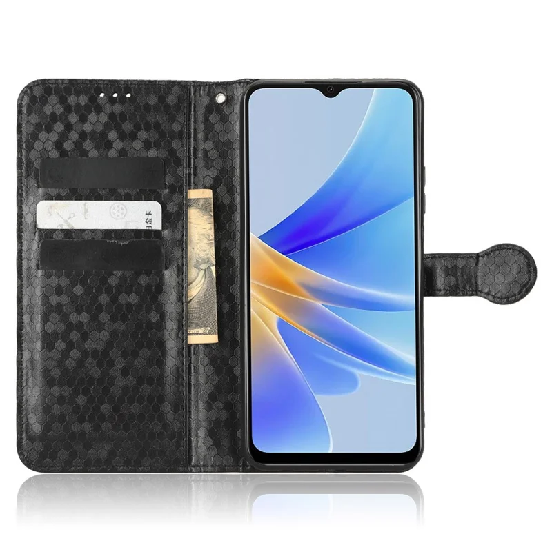 For Oppo A17 4G Dot Pattern Imprinted Wallet Case PU Leather Stand Anti-scratch Phone Cover with Strap - Black