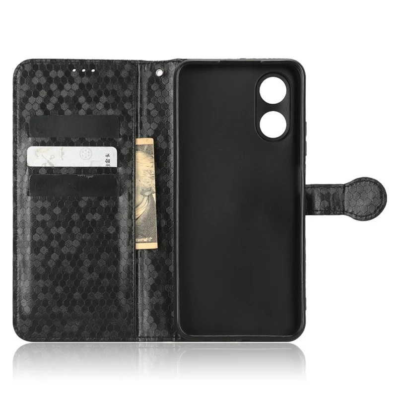 For Oppo A17 4G Dot Pattern Imprinted Wallet Case PU Leather Stand Anti-scratch Phone Cover with Strap - Black