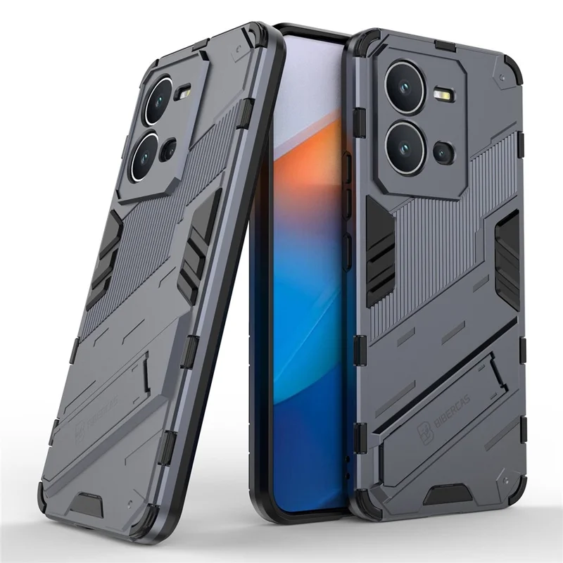 Hard PC + Soft TPU Phone Case for vivo V25 5G, Drop-Proof Protective Kickstand Back Cover - Grey