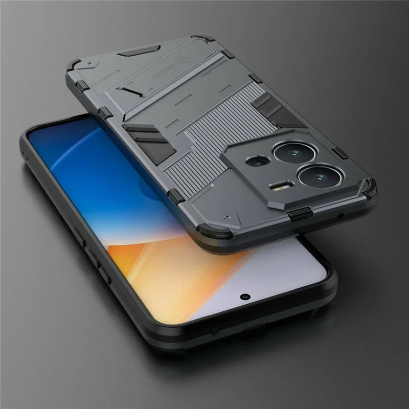 Hard PC + Soft TPU Phone Case for vivo V25 5G, Drop-Proof Protective Kickstand Back Cover - Grey