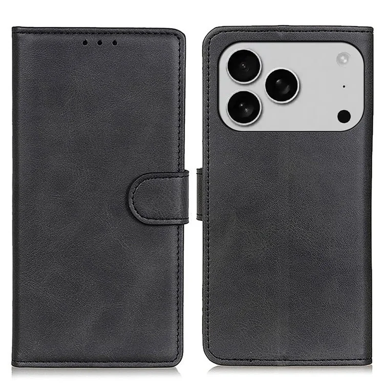 For iPhone 17 Pro Case Cowhide Texture Leather Wallet Stand Phone Cover - Black