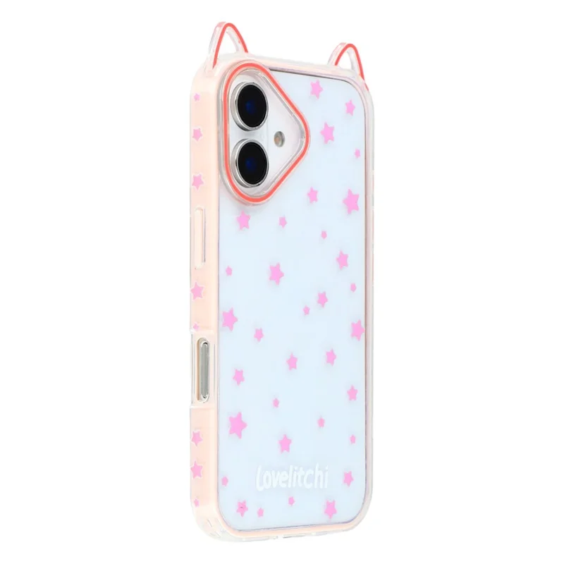 For iPhone 16 Case Star Pattern Cat Ear Design TPU + Acrylic Clear Phone Back Cover - Pink