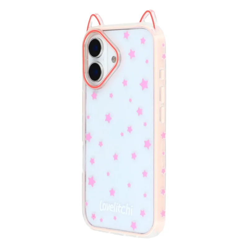 For iPhone 16 Case Star Pattern Cat Ear Design TPU + Acrylic Clear Phone Back Cover - Pink