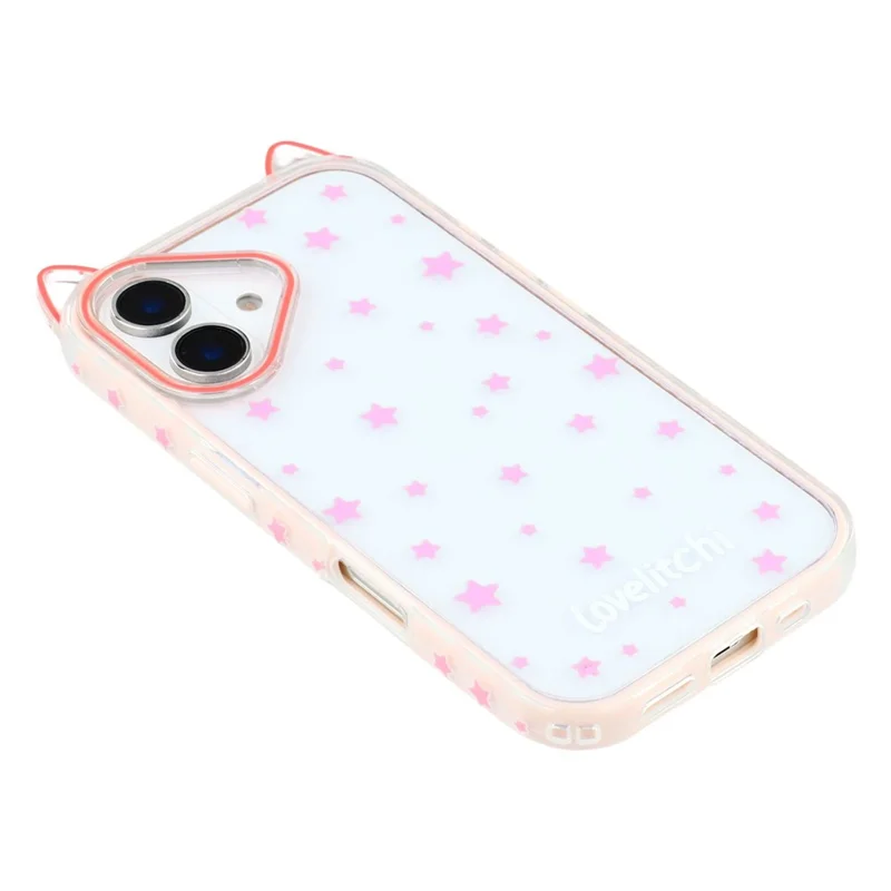 For iPhone 16 Case Star Pattern Cat Ear Design TPU + Acrylic Clear Phone Back Cover - Pink
