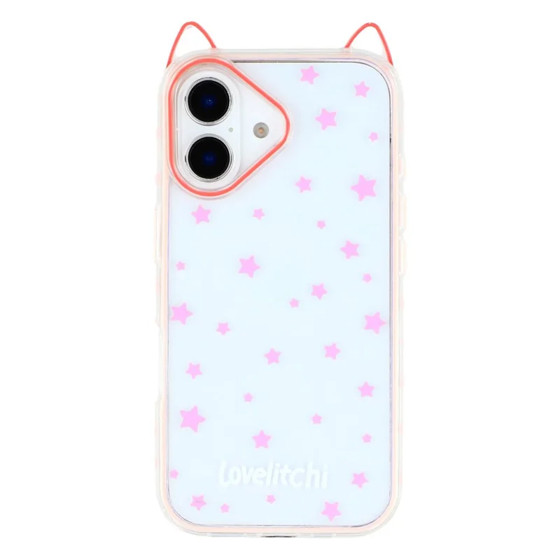 For iPhone 16 Plus Case Star Pattern Cat Ear Design TPU + Acrylic Clear Phone Back Cover - Pink