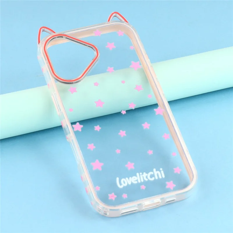For iPhone 16 Plus Case Star Pattern Cat Ear Design TPU + Acrylic Clear Phone Back Cover - Pink